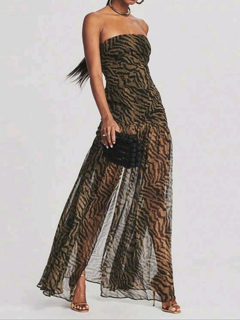 Women Tube Top Dress Slim Strapless Backless Mesh Patchwork Maxi Dress Leopard